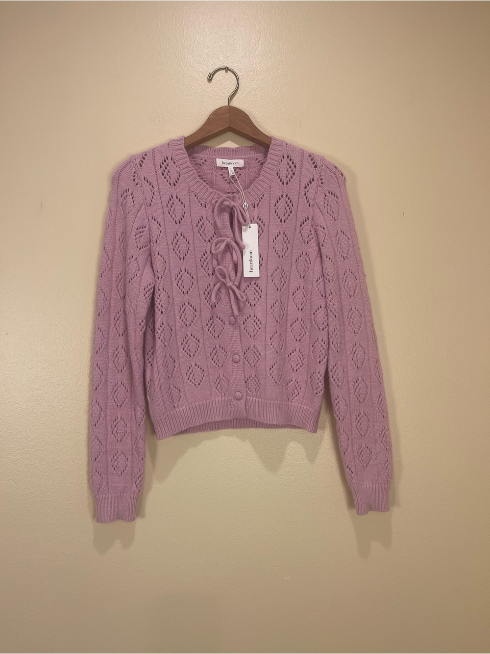 Heartloom Pink Pointelle Bow Tie Cardigan L Sweater Cottagecore Coquette NWT